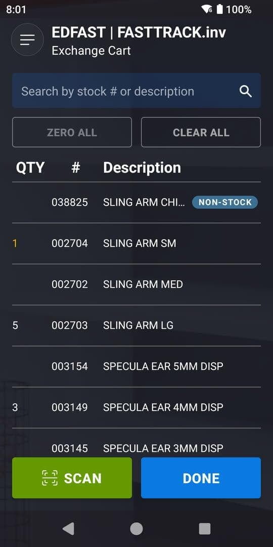 Stock list with the three counted quantities, the below-minimum count in amber, and a non-stock item flagged